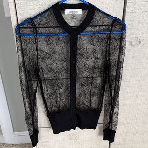 Valentino Black Sheer Lace Button-Front Cardigan